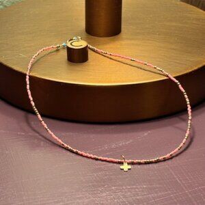 eNewton Gold Cross on Pink Beaded Choker Necklace